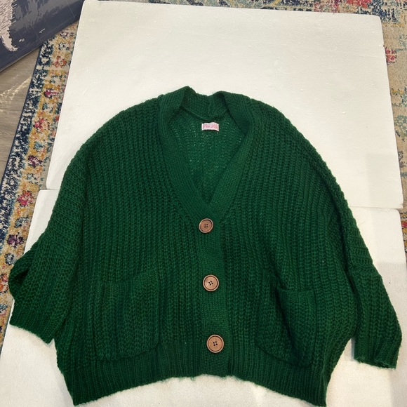 Pink Lily sundown awaits green fuzzy oversized cardigan buttons - Picture 5 of 11